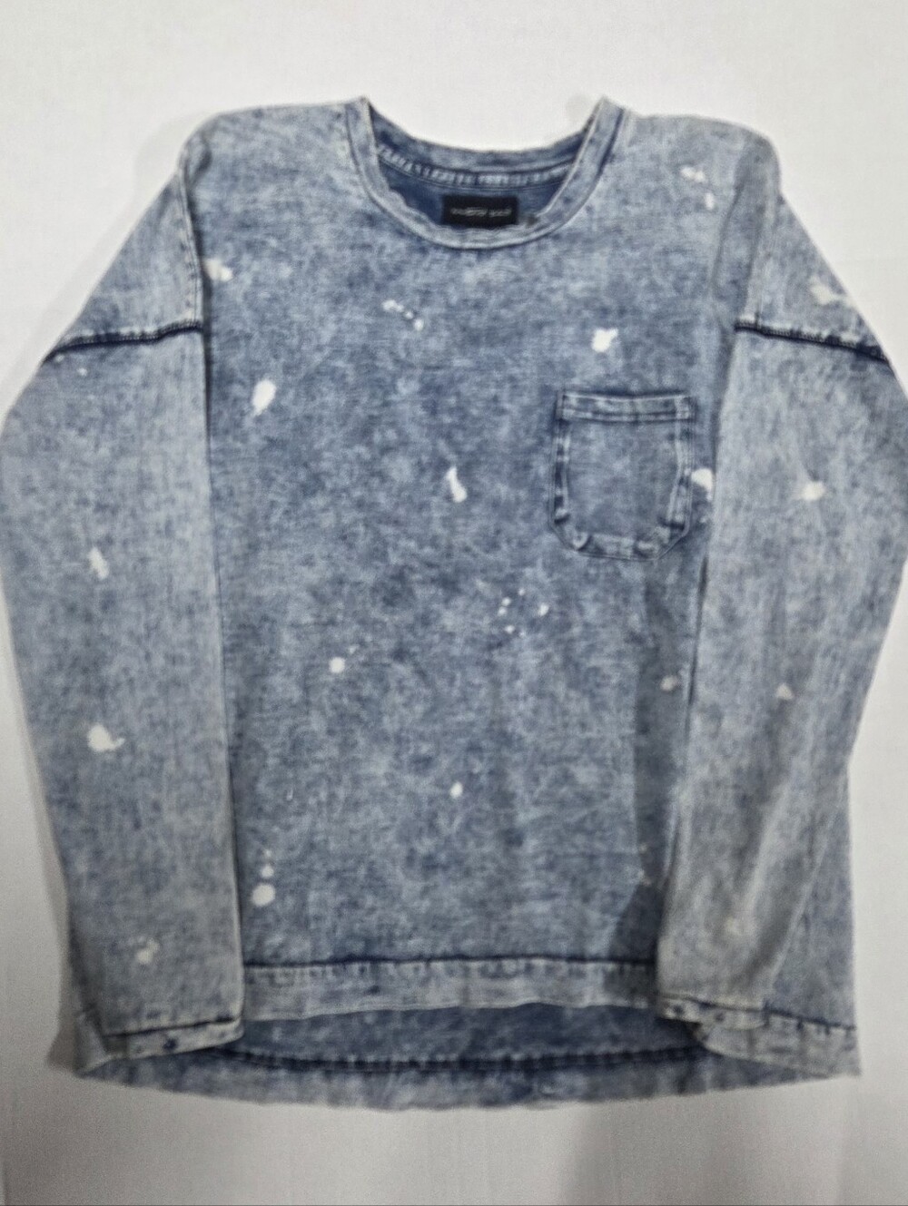 Acid Wash Denim-Look Pullover Long Sleeve with Chest Pocket - Blue